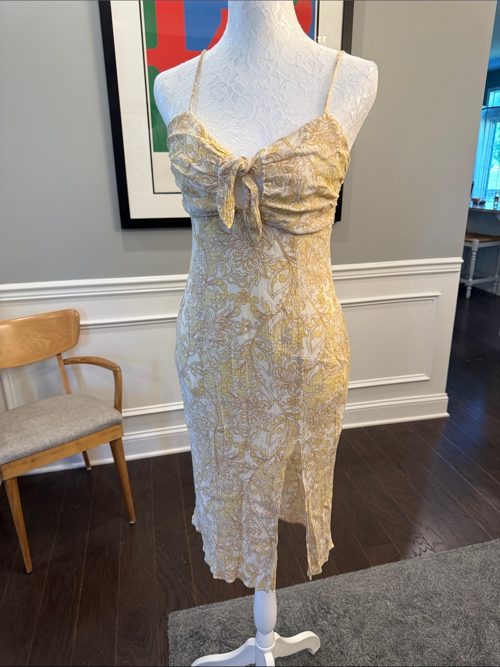 Sage Yellow Paisley Tie-Front Midi Dress